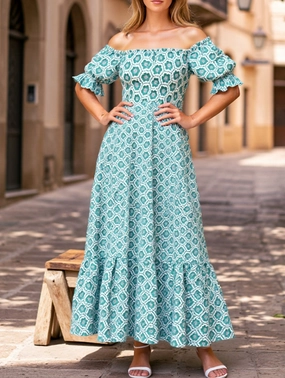 Cozy Comfort Lightweight-Comfort Printed Puffed Sleeve Maxi Swing Dress ??Elegant High-Waist Flowy Dress for All Seasons