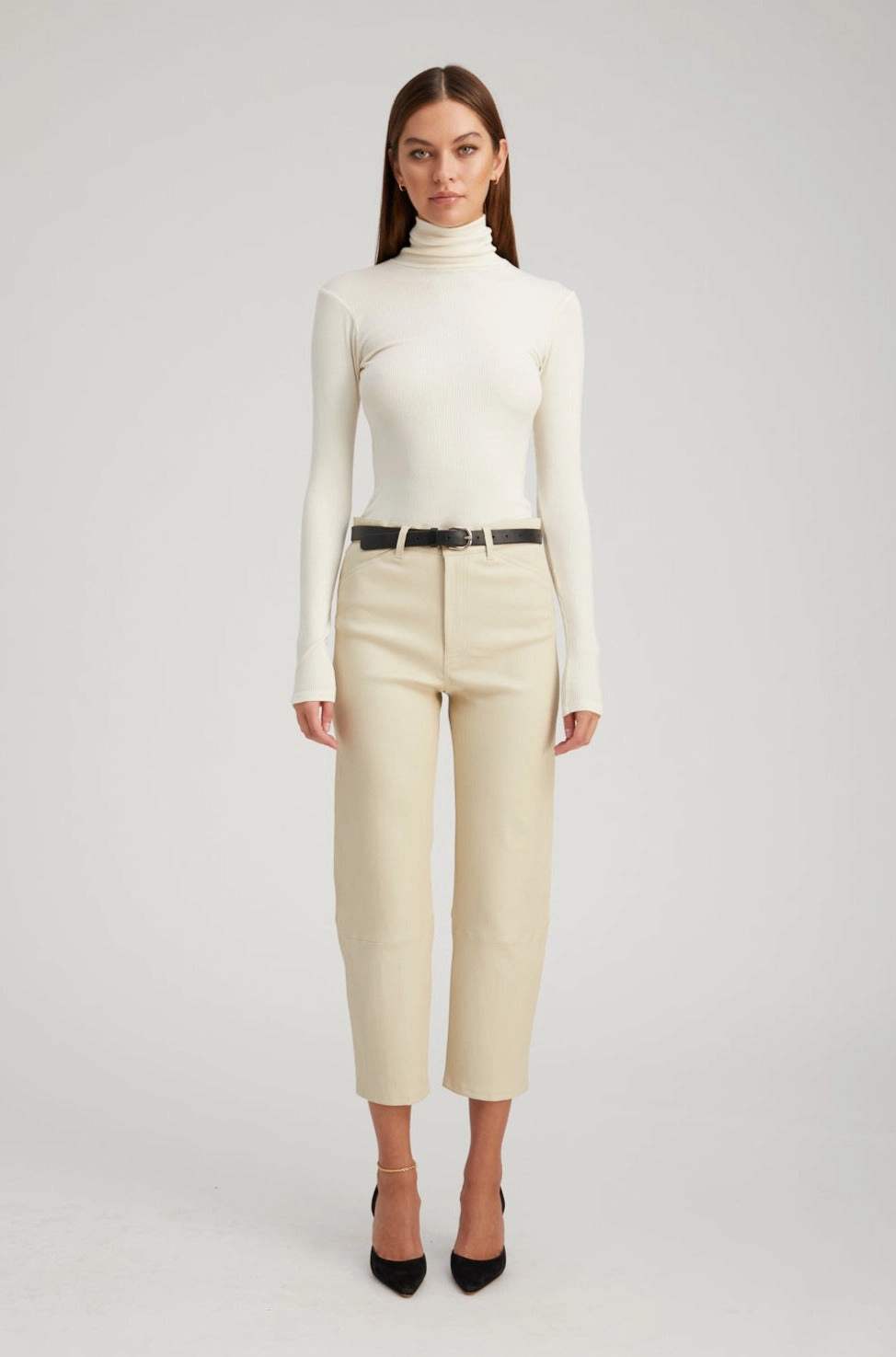 Off White Leather 5 Pocket Straight Leg Pants Soft Performance