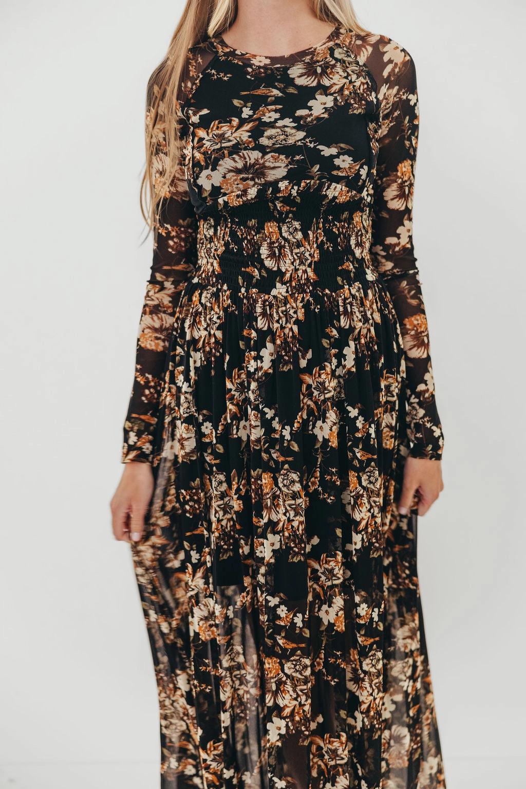 Country View Tori Floral Mesh Long Sleeve Midi Dress in Black