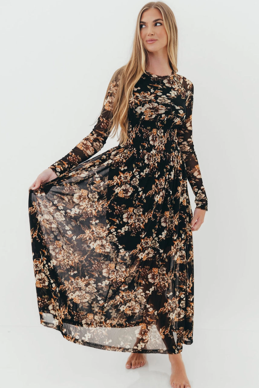 Festival Mood All Fit Style Tori Floral Mesh Long Sleeve Midi Dress in Black