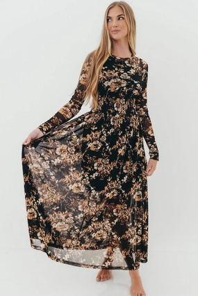 Festival Mood All Fit Style Tori Floral Mesh Long Sleeve Midi Dress in Black