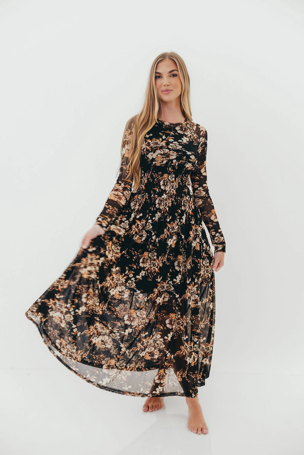 Tori Floral Mesh Long Sleeve Midi Dress in Black Soft Shape