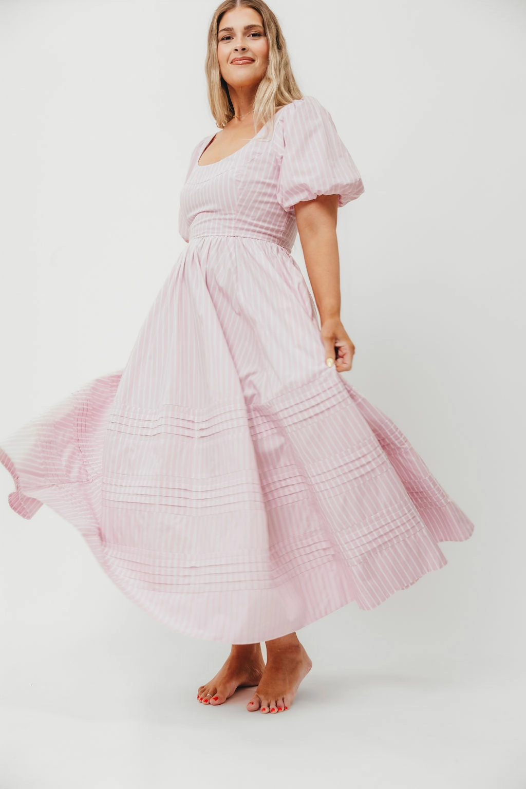 Abby 100% Cotton Midi Dress in Pink *Final-Sale* Button Accent