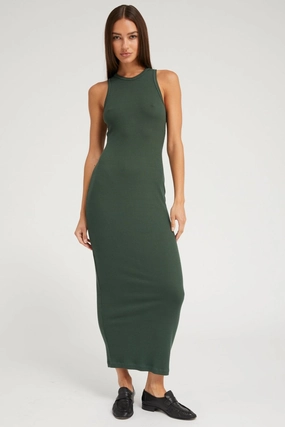 Layered Style Drawstring-Waist Ivy Rib Racer Maxi Dress