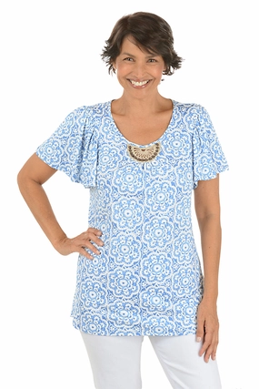 WrinkleResistant RibbedCollar Boho Chic Puff Print Crochet Keyhole Top
