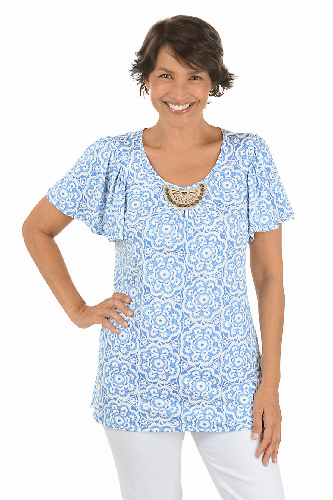 WrinkleResistant RibbedCollar Boho Chic Puff Print Crochet Keyhole Top