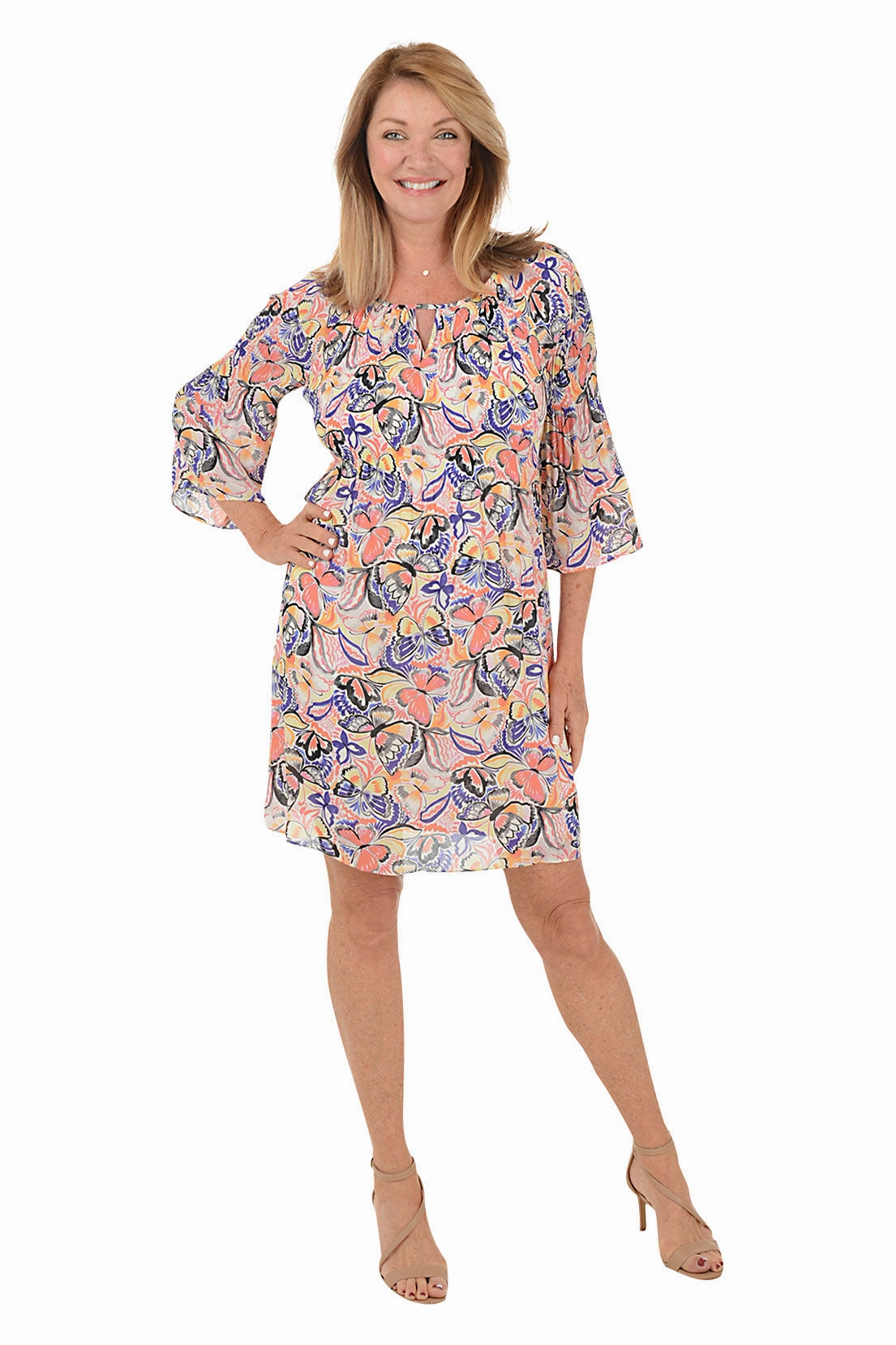 Butterfly Flight Keyhole Neck Pleated Dress Scandi Light
