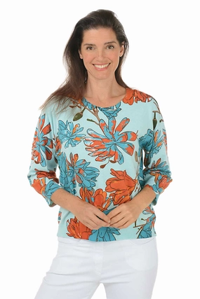 Oasis Flowers 3/4 Sleeve Sweater MultiPanelDesign Fray Resistant Edges