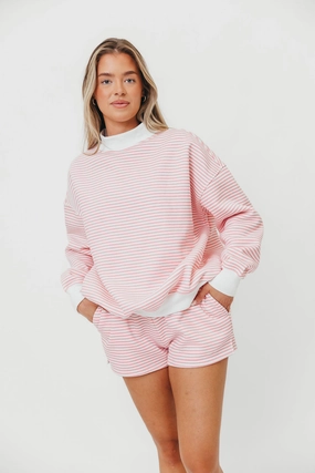Cynthia Big Striped Mock Neck Sweatshirt in Pink and White NonRestrictive Fit