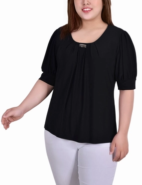 Versatile Layering Piece Plus Size Short Sleeve Balloon Sleeve Top With Hardware