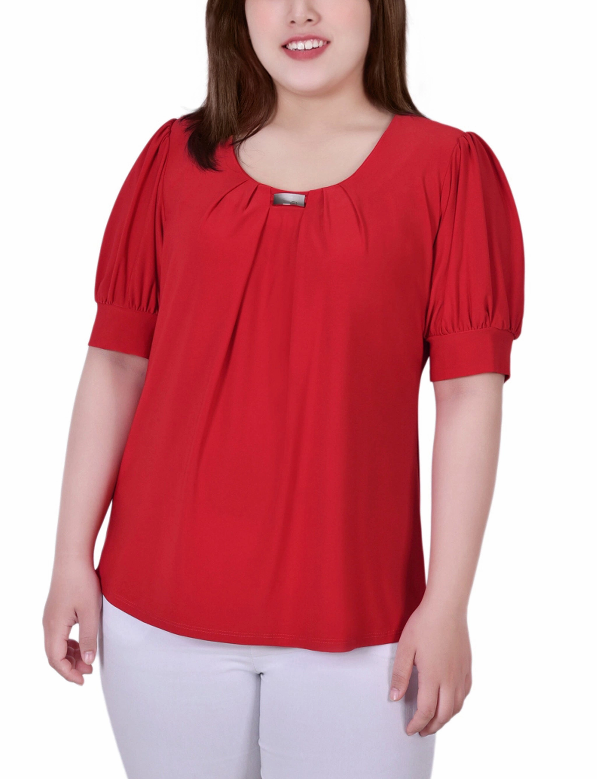 Plus Size Short Sleeve Balloon Sleeve Top With Hardware Versatile Layering