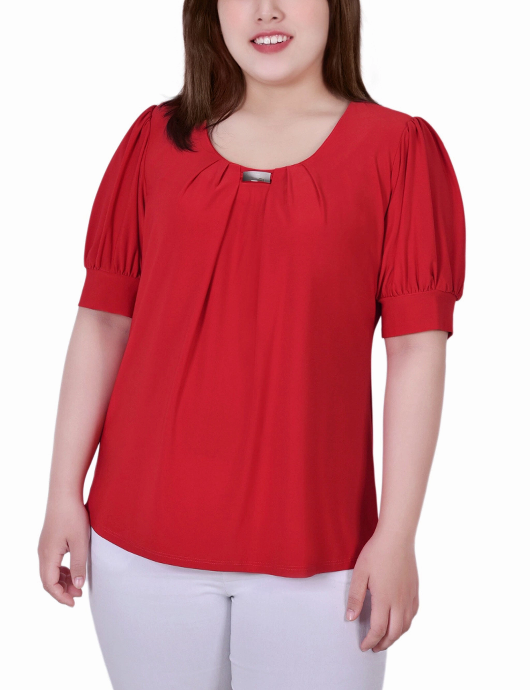 Eco Friendly Dye Plus Size Short Sleeve Balloon Sleeve Top With Hardware