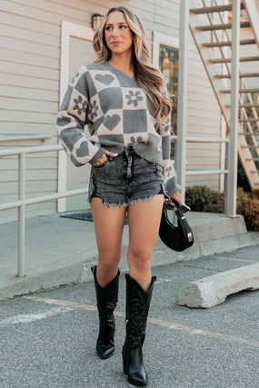 Dream Core Floral Checkered POL Sweater (Grey/Beige) Seamless Design