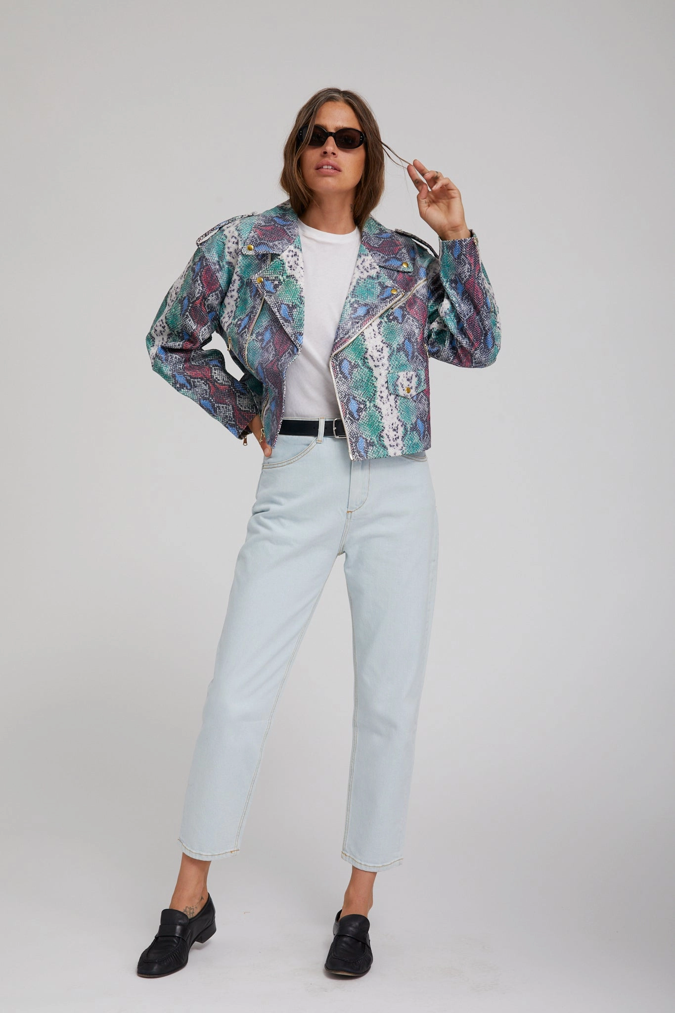 Snake Print Leather Moto Jacket Eco Friendly Recycled Material Reversible Style