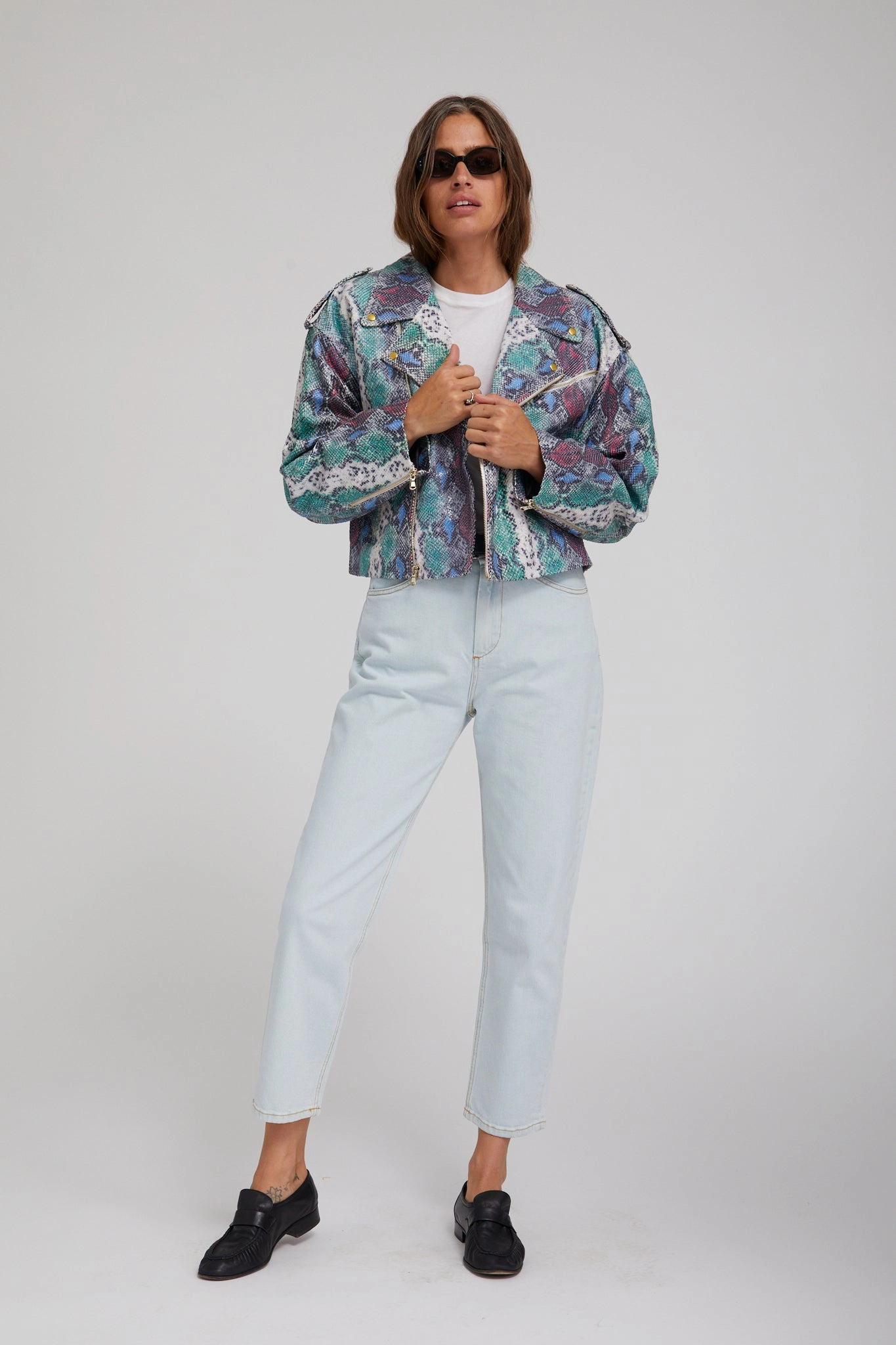 High Collar Snake Print Leather Moto Jacket