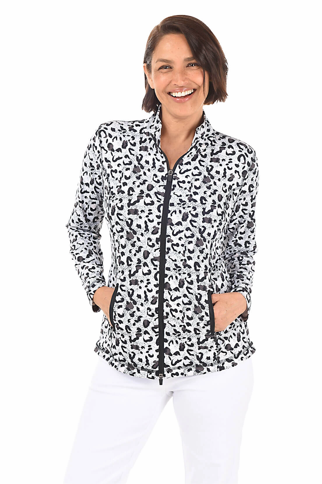Layered Hem Detailing Snow Leopard UPF50  Athletic Zip Jacket