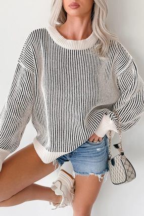 Buttery Soft Feel Weighted Hem Design Snug Haven Two Tone Zenana Sweater (Black)