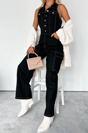 Flexible Knit Fabric Printed Hoodie Social Call Denim Halter Cargo Jumpsuit (Black)