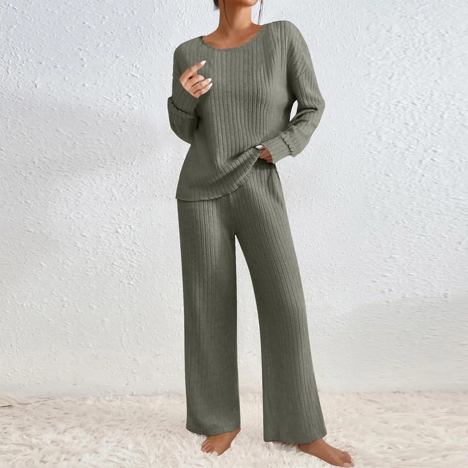 Soft Knit Pajamas For Women Set Comfy Ribbed 2 Piece Sleepwear Loungewear Casual Slouchy Long Sleeve Pjs Lounge Set