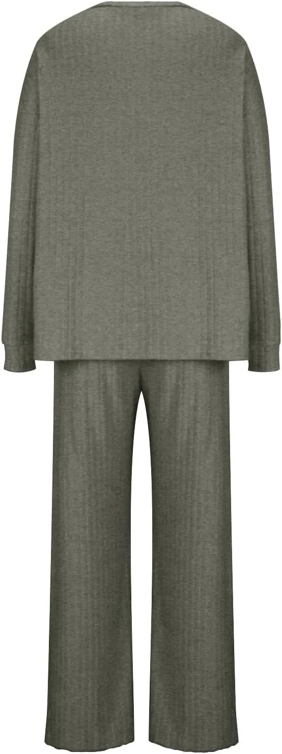Soft Knit Pajamas For Women Set Comfy Ribbed 2 Piece Sleepwear Loungewear Casual Slouchy Long Sleeve Pjs Lounge Set