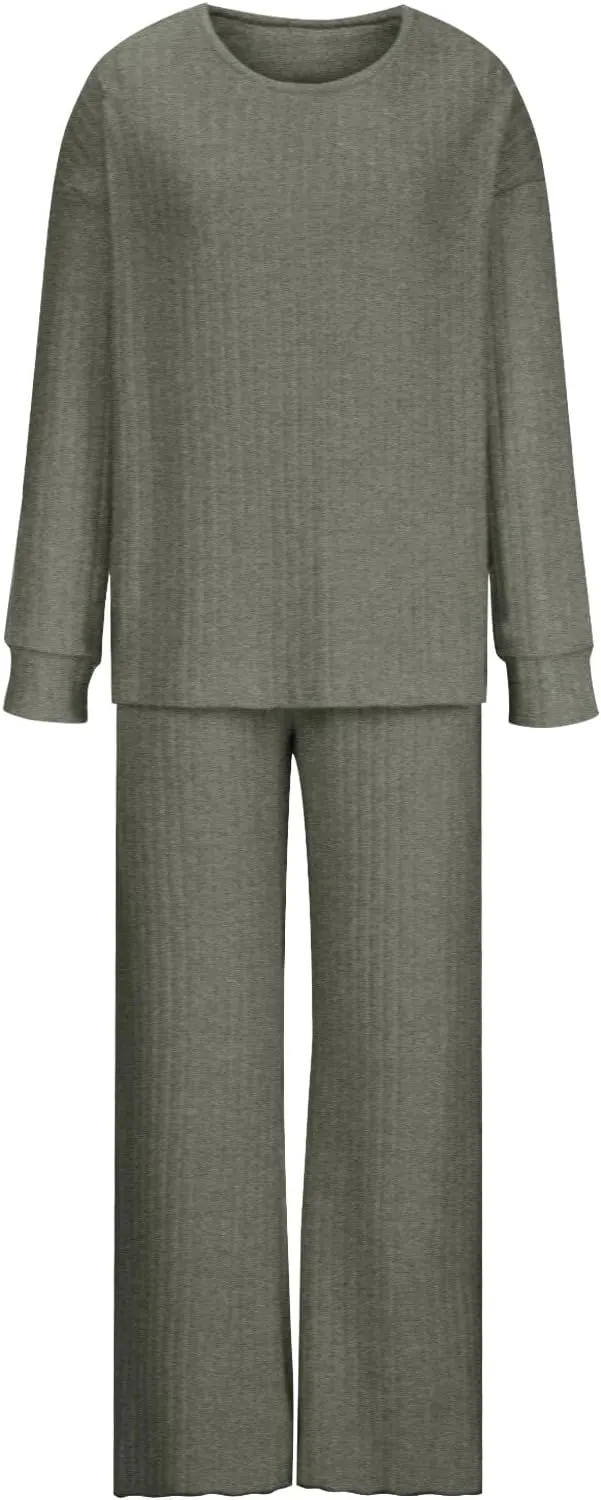 Soft Knit Pajamas For Women Set Comfy Ribbed 2 Piece Sleepwear Loungewear Casual Slouchy Long Sleeve Pjs Lounge Set