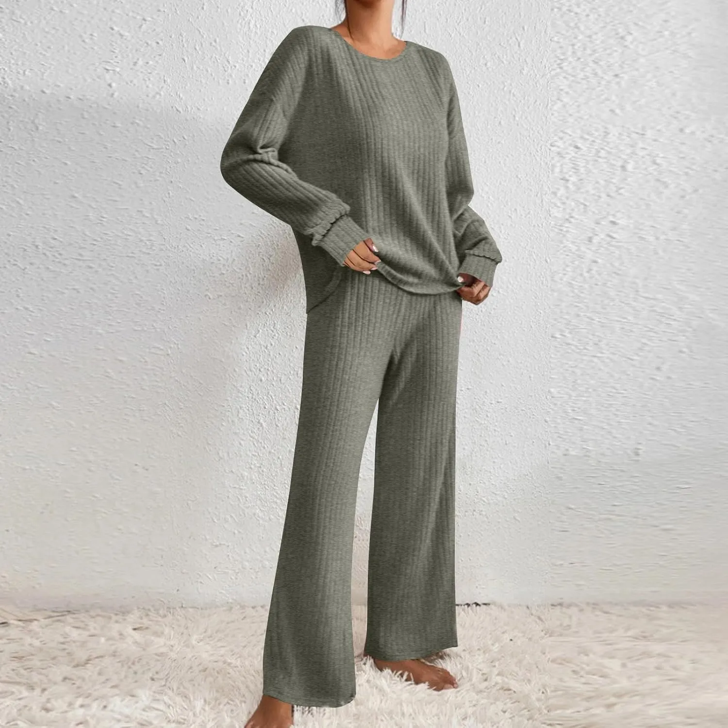 Soft Knit Pajamas For Women Set Comfy Ribbed 2 Piece Sleepwear Loungewear Casual Slouchy Long Sleeve Pjs Lounge Set