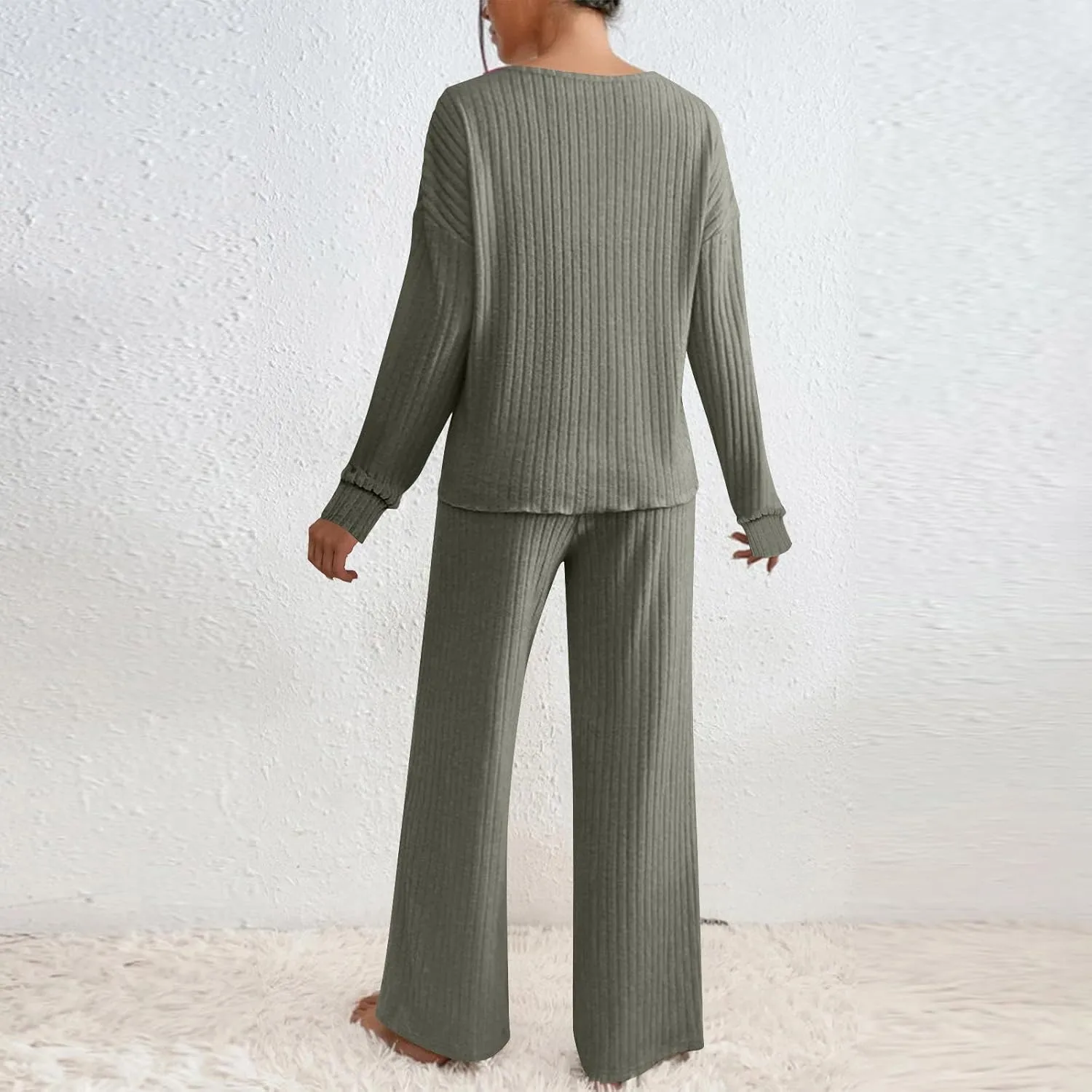 Soft Knit Pajamas For Women Set Comfy Ribbed 2 Piece Sleepwear Loungewear Casual Slouchy Long Sleeve Pjs Lounge Set
