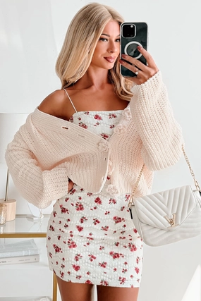 Soft & Still POL Oversized Chenille Cardigan (Powder Cream) Ribbed Hem Finish Reflective Trim Details