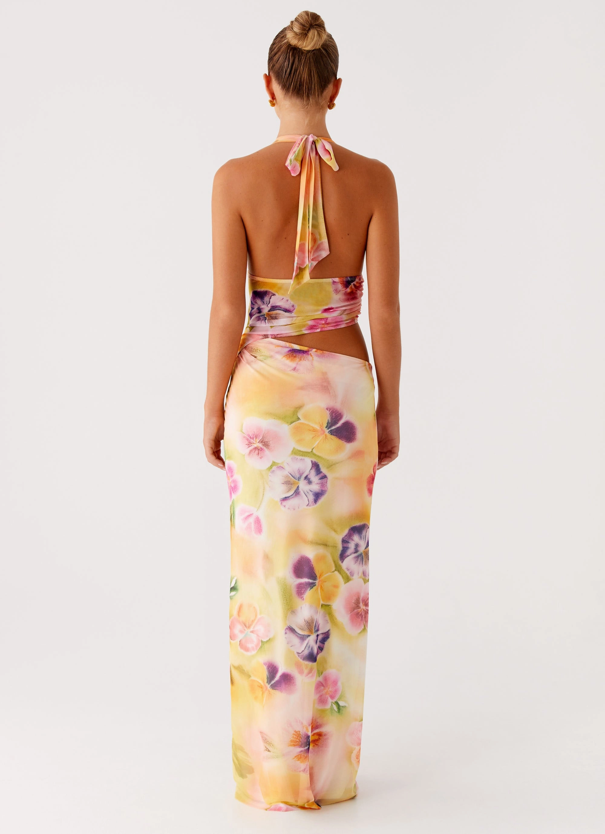 Bow-Detail Velvet-Edge Main Act Halter Maxi Dress - Sunburst Floral
