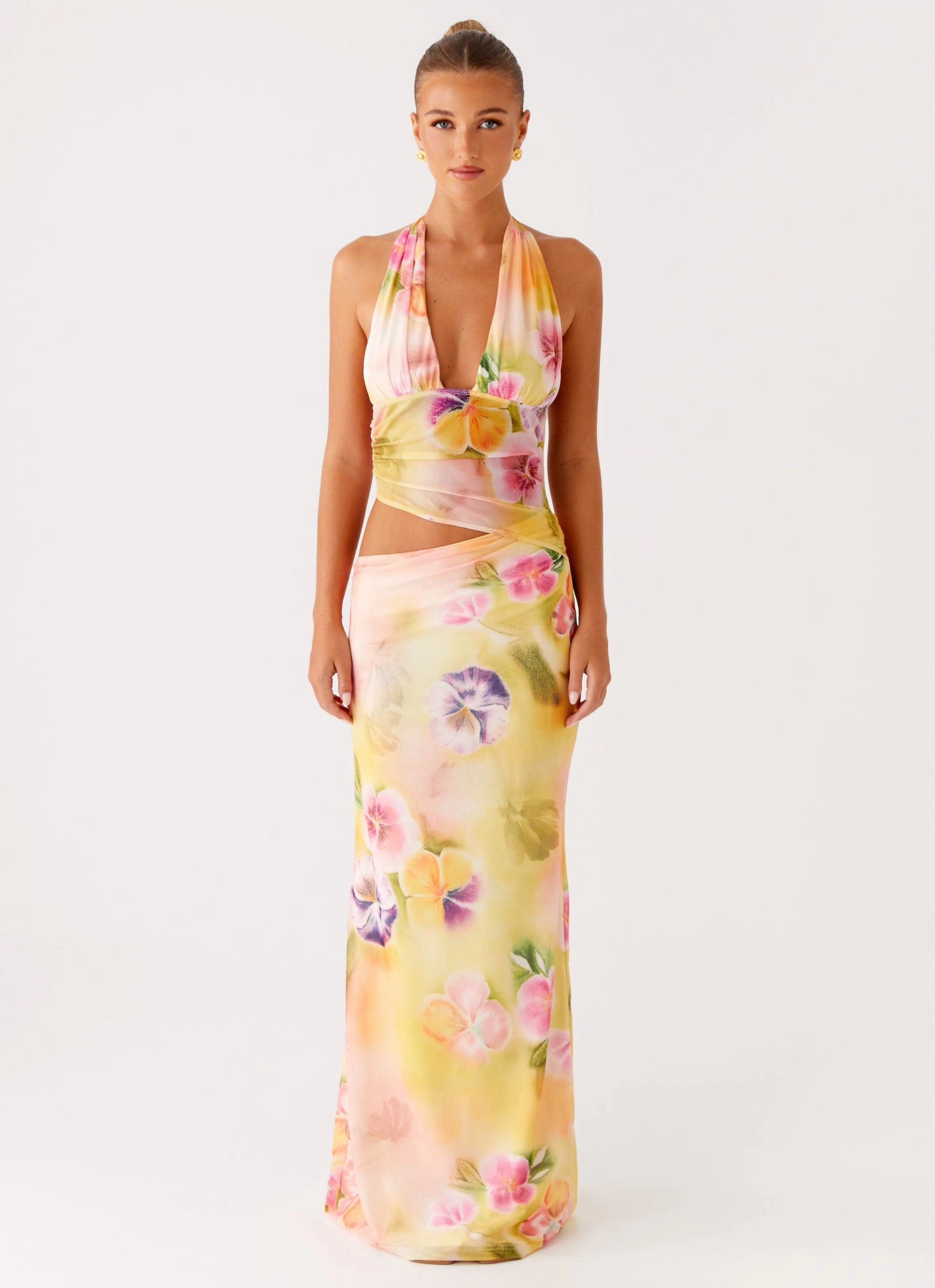 Main Act Halter Maxi Dress - Sunburst Floral Fall Ready