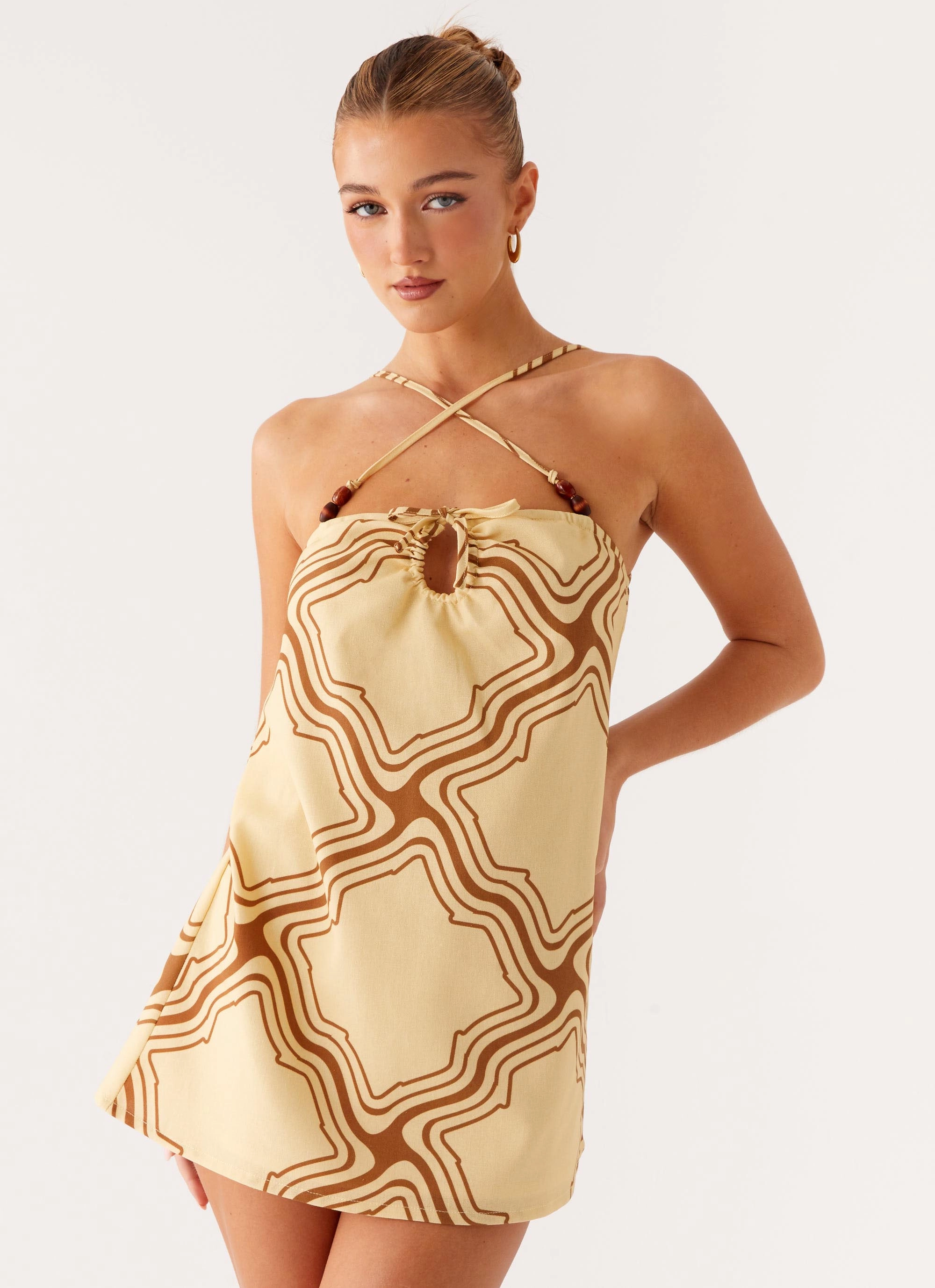 Naomi Criss Cross Mini Dress - Tidal Wave Print Easy Draping Smooth Fit