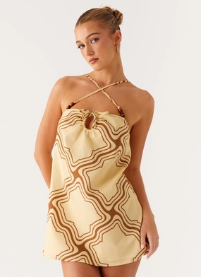 Naomi Criss Cross Mini Dress - Tidal Wave Print Ruffle Detail