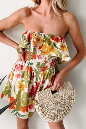 Comfy Cut Soft Breezes Strapless Floral Romper Dress (Cream/Multi)