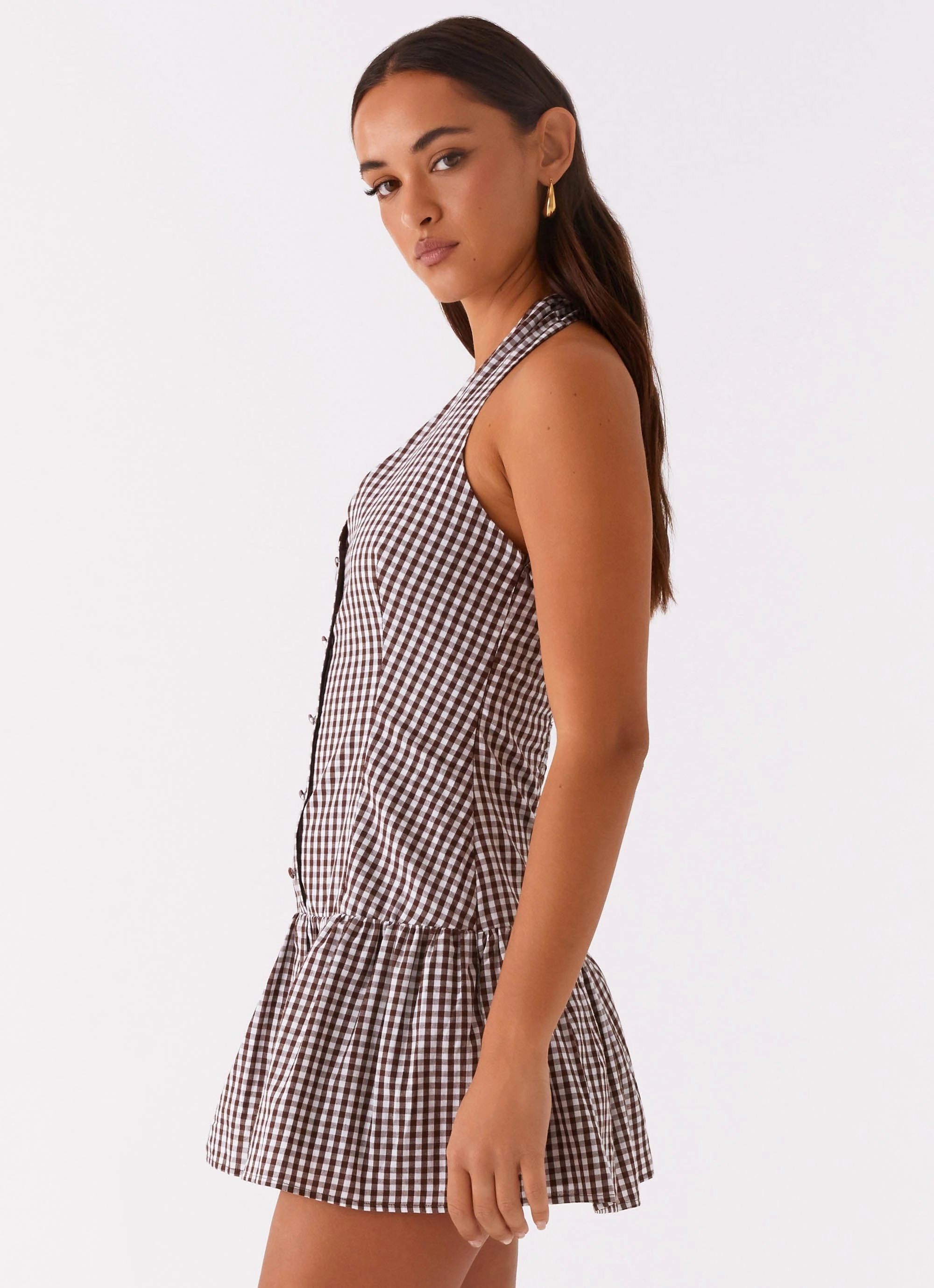 Cap-Sleeve Comfortable Style New Look Shirred Halter Mini Dress - Chocolate Gingham