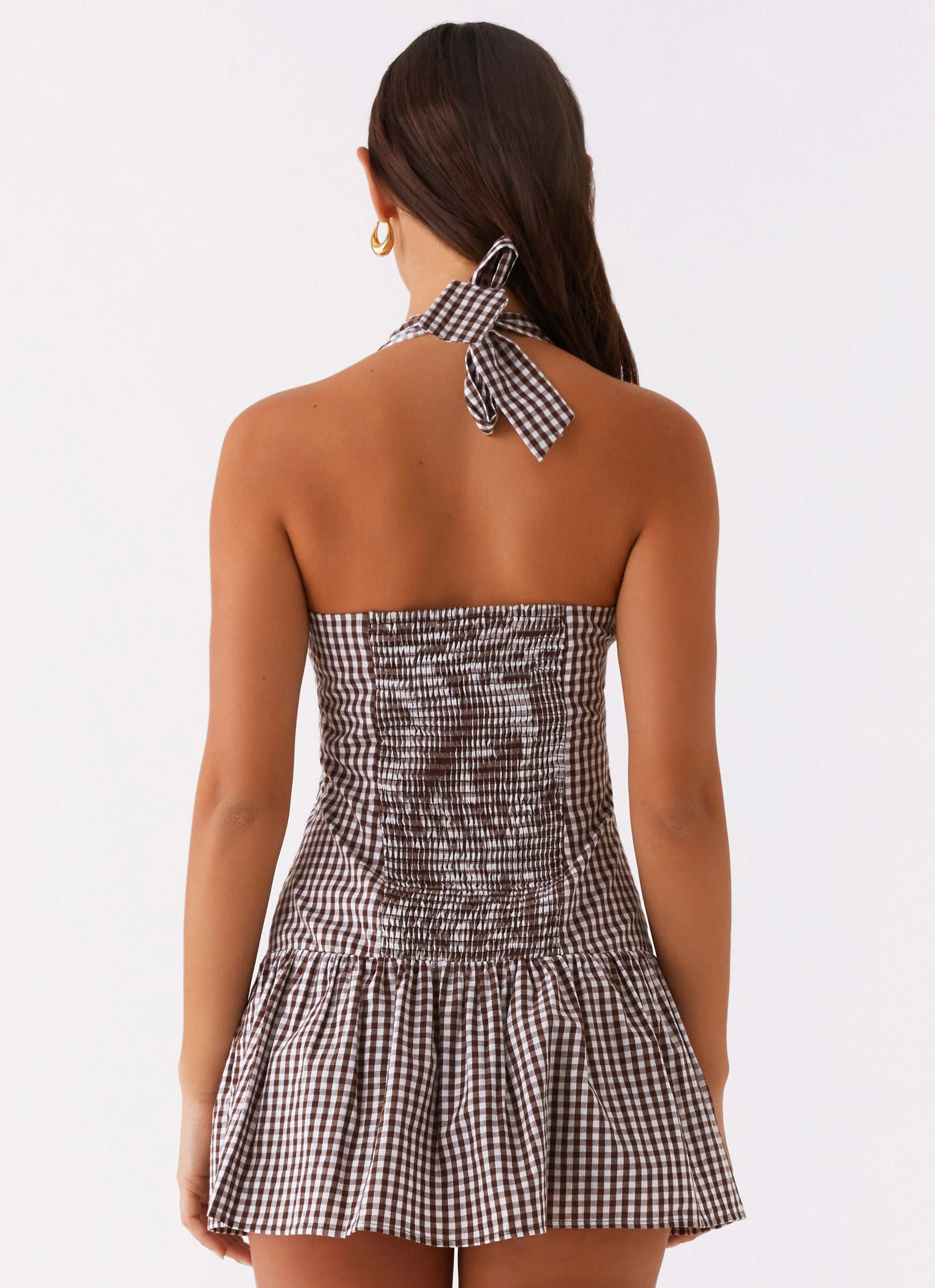 New Look Shirred Halter Mini Dress - Chocolate Gingham Flattering Cut Subtle design