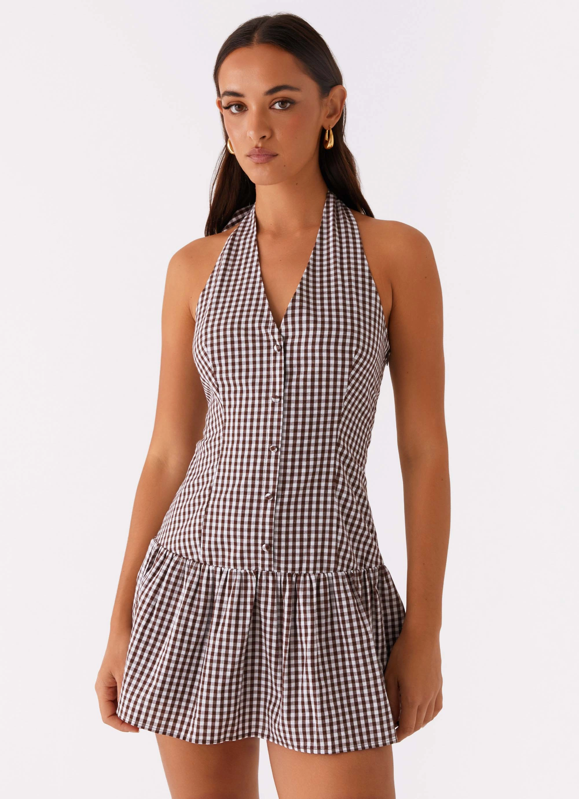 Soft Composition Simple Mood New Look Shirred Halter Mini Dress - Chocolate Gingham