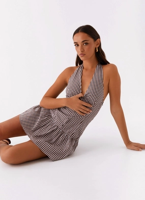 Luxe Mood New Look Shirred Halter Mini Dress - Chocolate Gingham