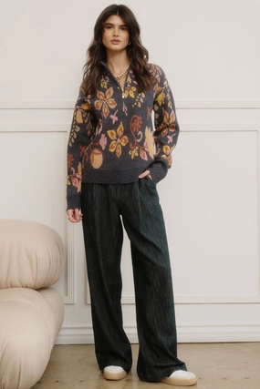 Heather Effect Finish QUARTER ZIP JACQUARD SWEATER