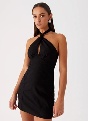 Sabine Linen Mini Dress - Black Easy Fit