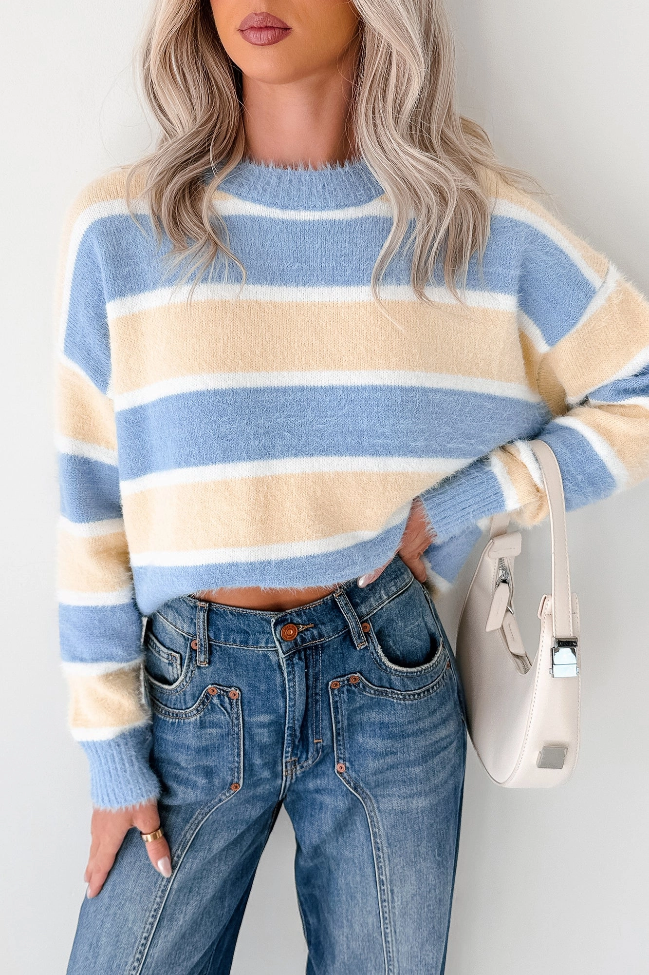 WideNeckline Soft Sentiments Papermoon Striped Fuzzy Sweater (Light Yellow/Light Blue)
