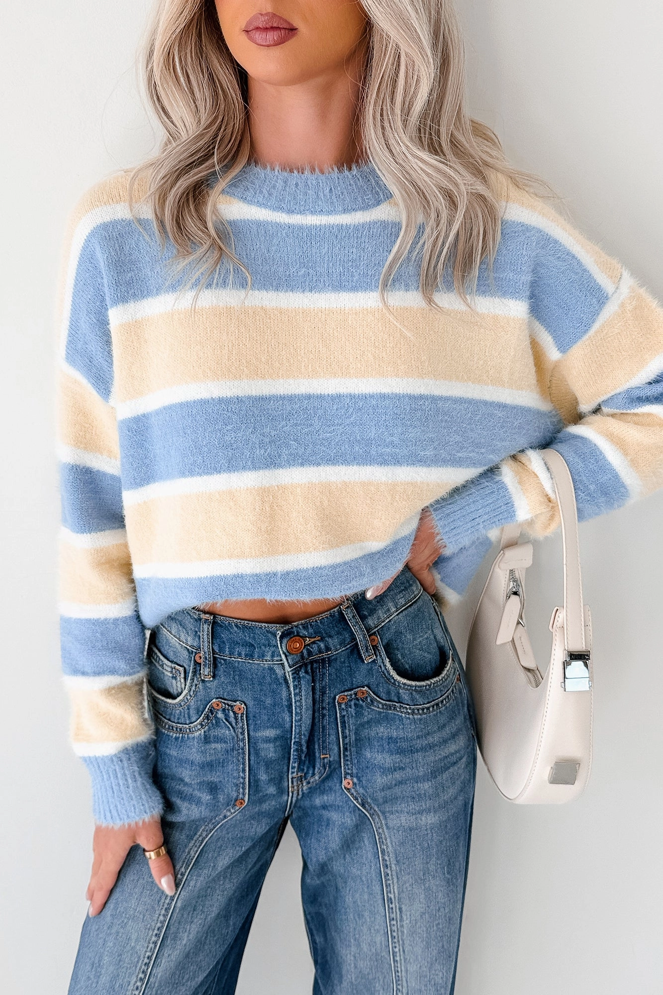 Soft Sentiments Papermoon Striped Fuzzy Sweater (Light Yellow/Light Blue) Workout Apparel