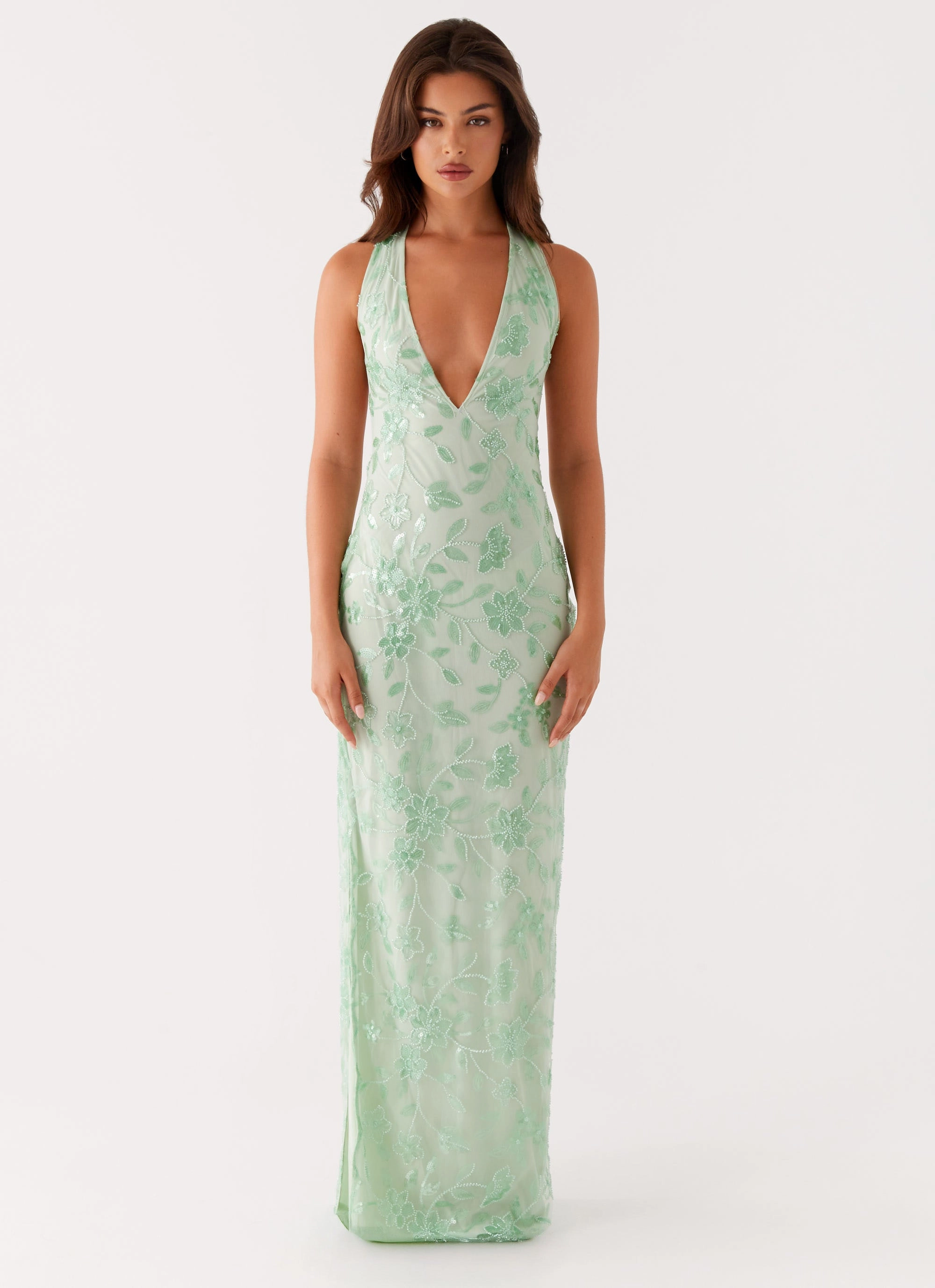 Cydney Beaded Maxi Dress - Sage Polished and Elegant Balanced Shape