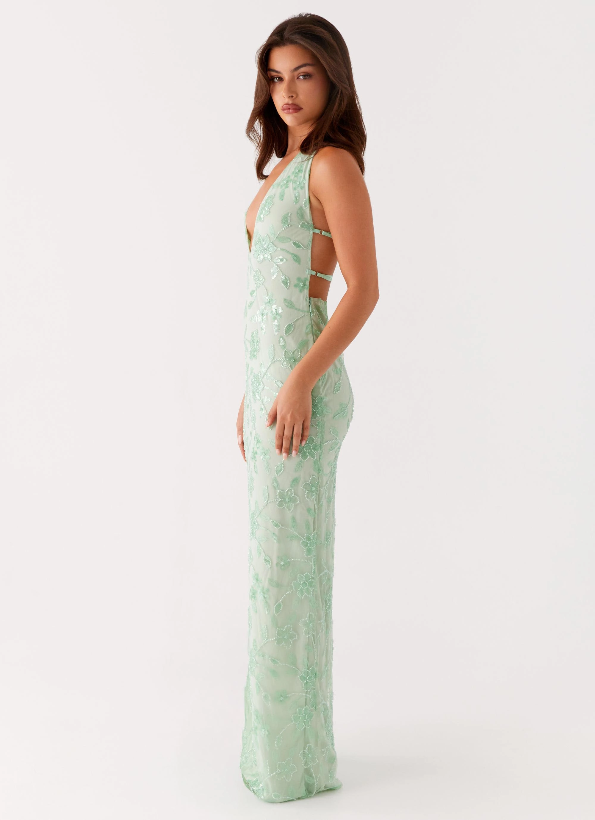 Lace Detail Relaxed Design Cydney Beaded Maxi Dress - Sage