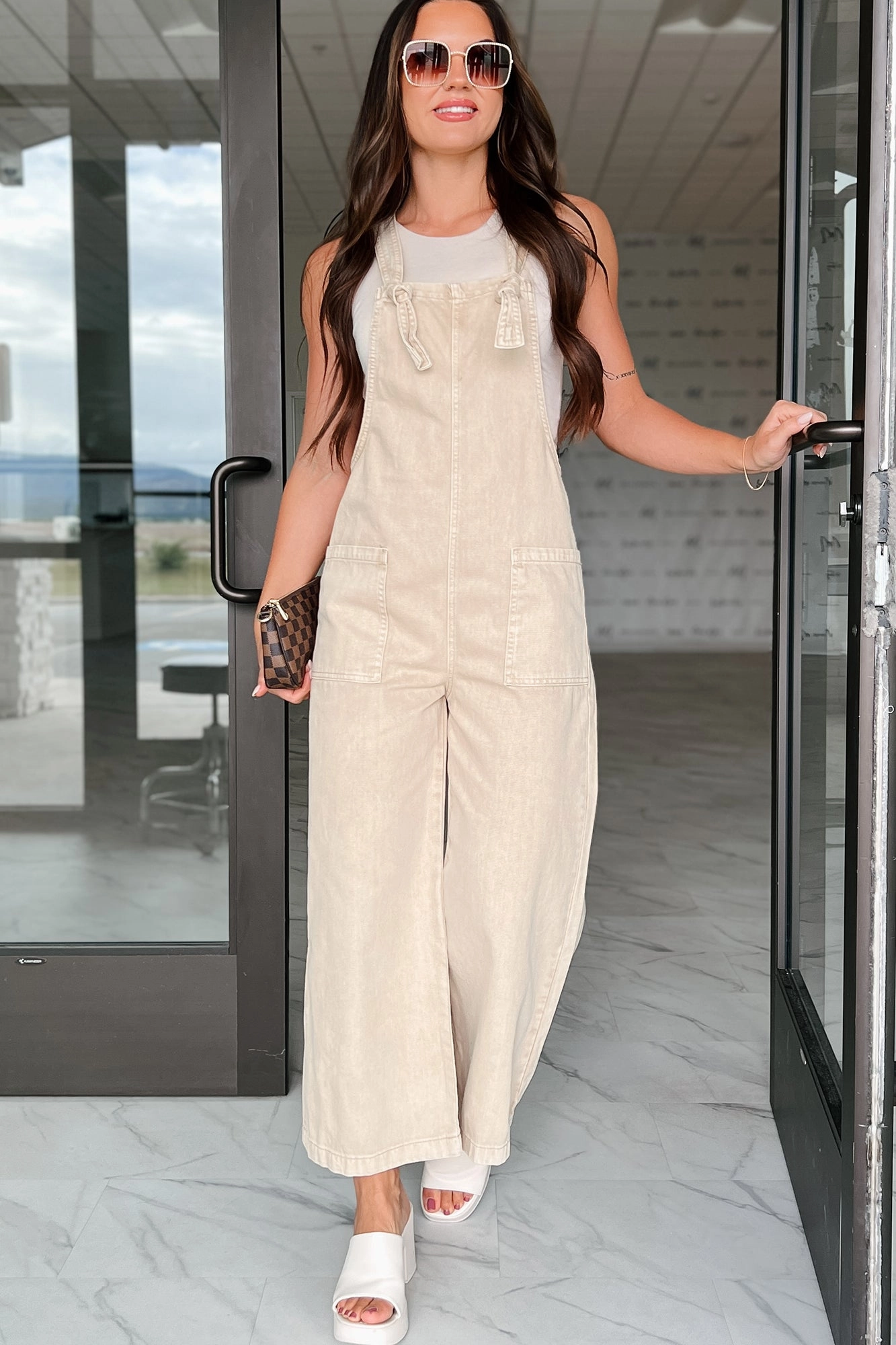 Hazen Knot Strap Zenana Overalls (Sand Beige) Textured Fabric Finish