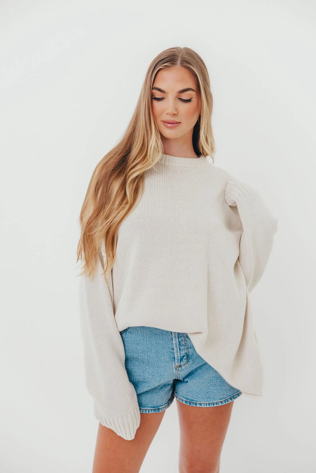 Luna Relaxed Boyfriend Fit Crew Neck Sweater in Oatmeal Double Layered Hem Reinforcement