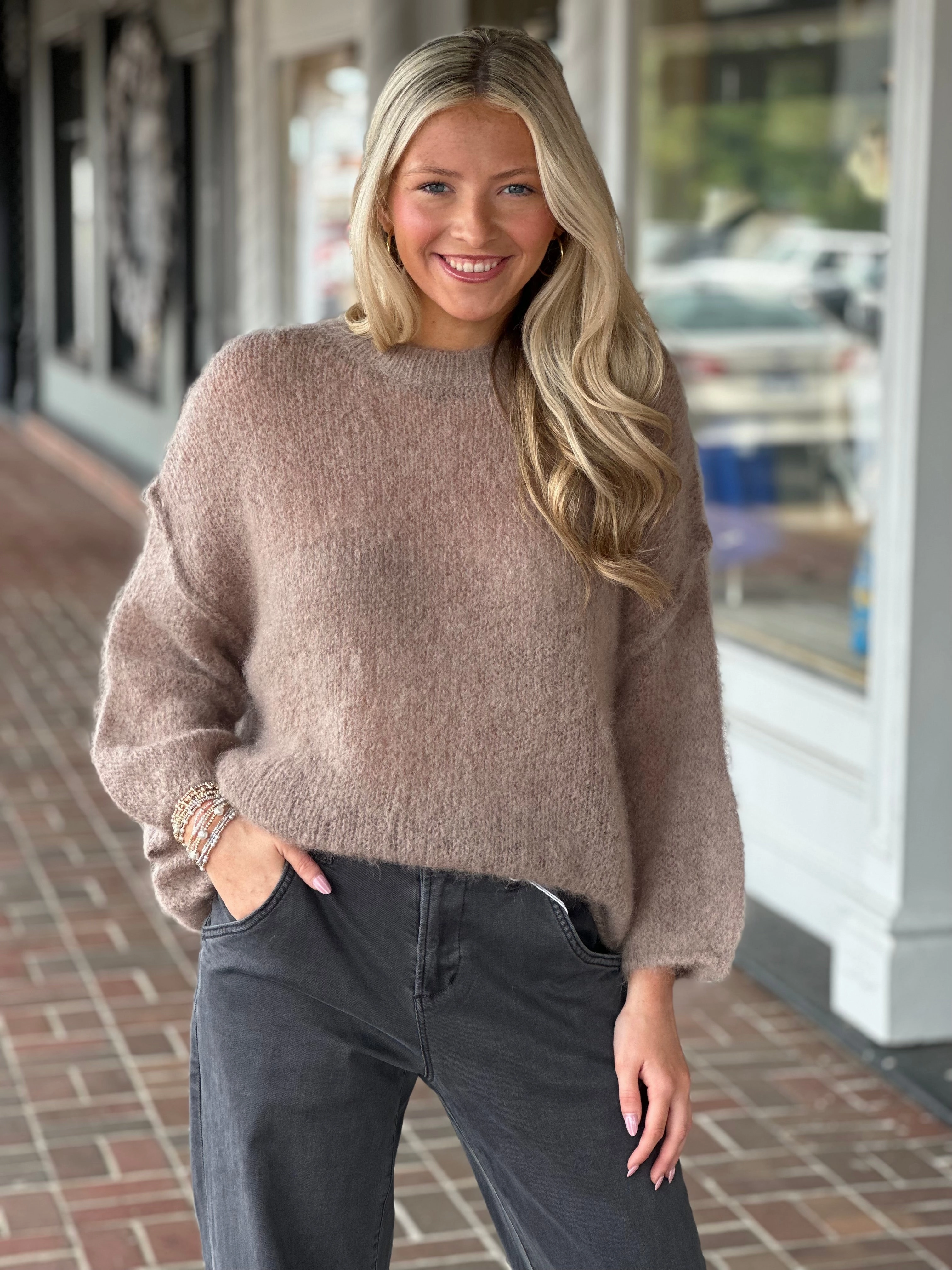 Built In Odor Control Quick Release Fastener Soft Touch Mocha Crew Sweater