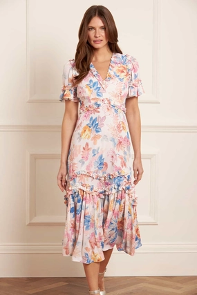 Daily Mood Quick Outfit Mariannes Floral Satin V-Neck Ballerina Dress