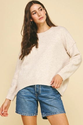 Grid Back Panel YarnDyedFabric Oatmeal Yarn Knit Sweater