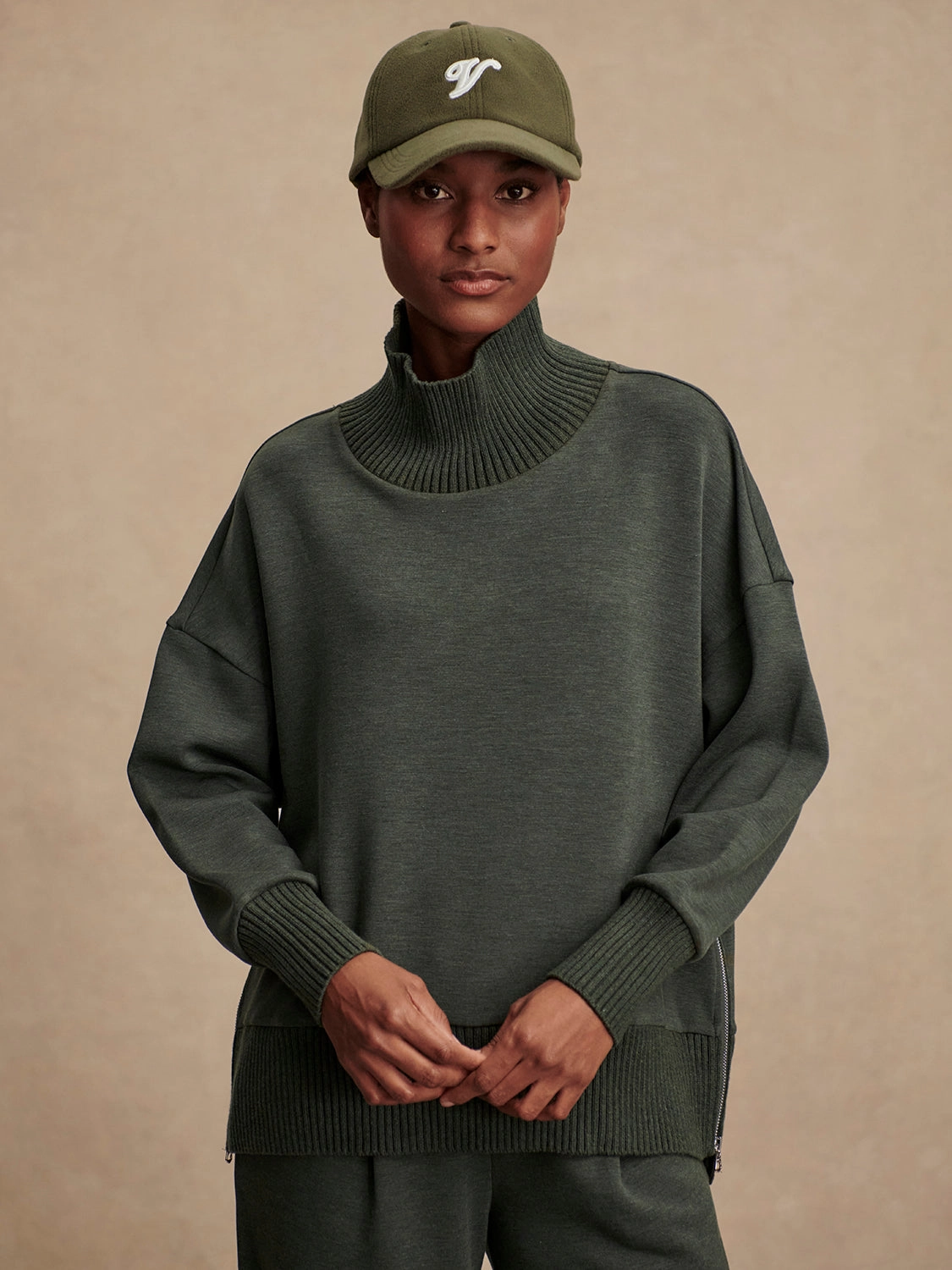 Varley Barker High-Neck Sweat in Olive Marl HighStretchElastic Airflow Ventilation