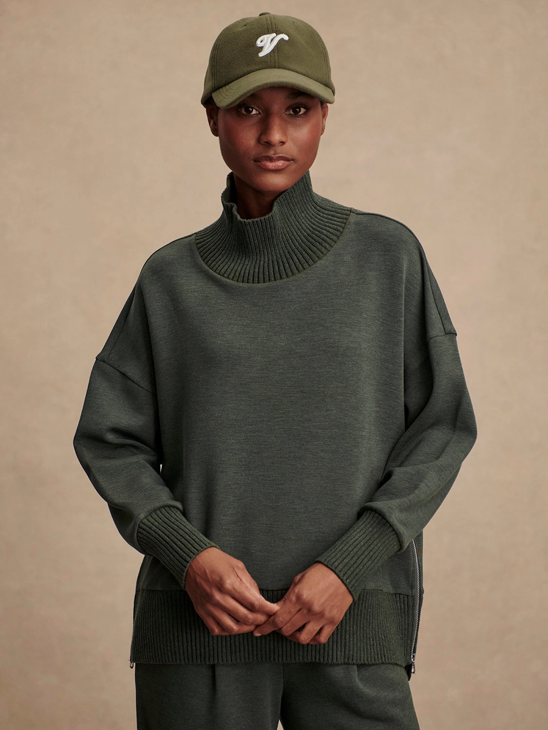 Varley Barker High-Neck Sweat in Olive Marl Curved Hemline